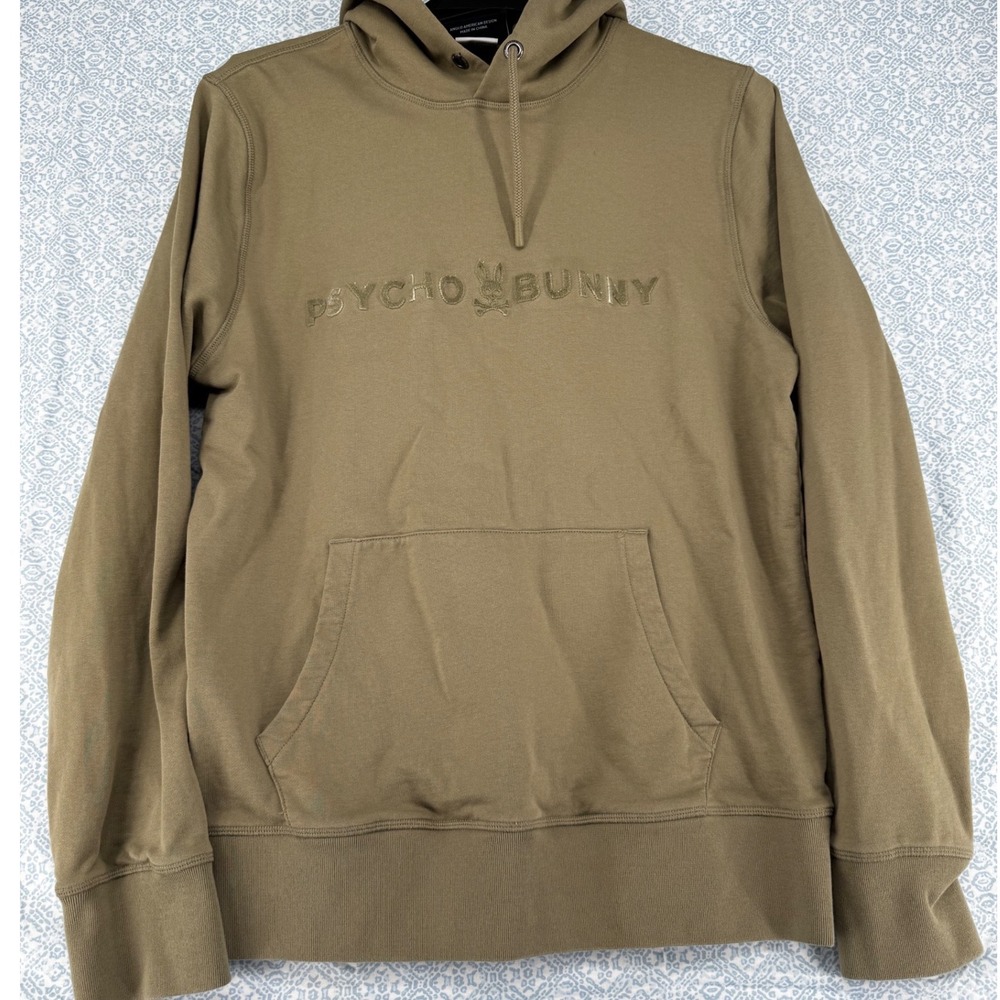 Psycho Bunny Mens Hoodie Olive Green Tonal Logo Pullover Sweatshirt Size M